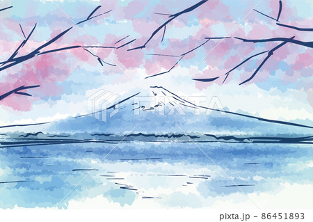 富士山と桜の花と湖の水彩調の風景イラストのイラスト素材 [86451893