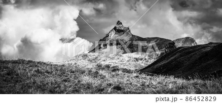 The Swiss Alps at Melchsee Frutt in black and white The Swiss Alps at Melchsee Frutt in black and white 86452829