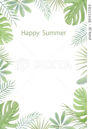 夏のグリーティングカード はがきテンプレート 暑中お見舞い 手描きアナログ水彩イラスト 背景透過のイラスト素材