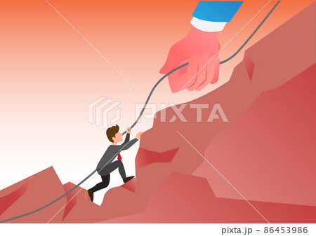 The big hands of a mountaintop businessman help a colleague or friend climb the rope. Leadership, teamwork. and cooperation Achieve goals and career development ideas flat style vector illustration The big hands of a mountaintop businessman help a colleague or friend climb the rope. Leadership, teamwork. and cooperation Achieve goals and career development ideas flat style vector illustration 86453986