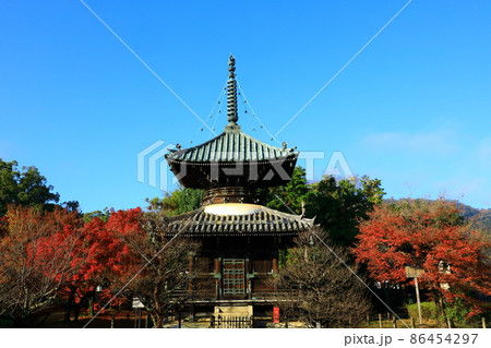 秋の清涼寺　紅葉と多宝塔 86454297