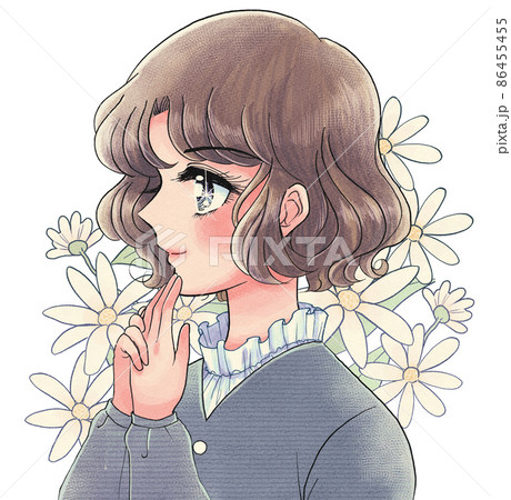 昭和レトロ少女漫画風 花と美少女のイラスト素材 昭和レトロ少女漫画風 花と美少女のイラスト素材