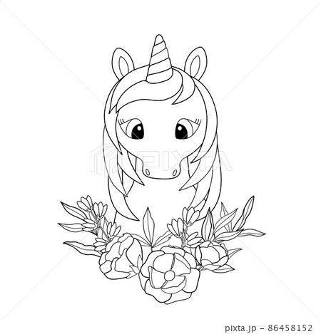 Kids coloring book with cute unicorn and flowers. Simple shapes, outline for small children, template for greeting cards. Cartoon vector illustration. Kids coloring book with cute unicorn and flowers. Simple shapes, outline for small children, template for greeting cards. Cartoon vector illustration. 86458152