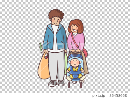 A young couple (people only) who went shopping at the supermarket with their baby in a stroller A young couple (people only) who went shopping at the supermarket with their baby in a stroller 86458668