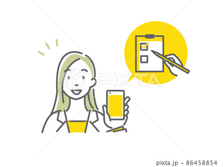 スマホを活用して仕事をする若いビジネスパーソン　シンプルでお洒落な線画イラスト 86458854