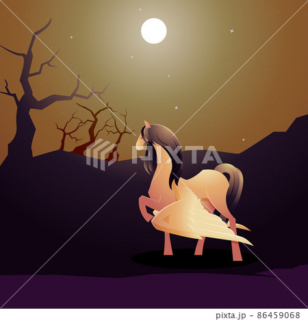 Beautiful Pegasus Winged Horse Walk in Night Forest Moon Epic Illustration Beautiful Pegasus Winged Horse Walk in Night Forest Moon Epic Illustration 86459068
