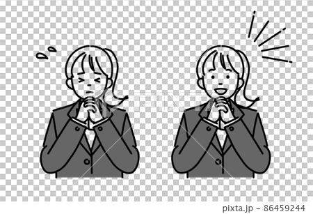 Monochrome illustration 2 pose set of high school girls or junior high school girls who are impatient or happy with their hands folded 86459244