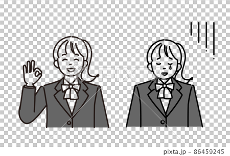 Monochrome illustration 2 pose set of high school girl or junior high school girl who is OK pose or disappointed Monochrome illustration 2 pose set of high school girl or junior high school girl who is OK pose or disappointed 86459245