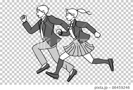 制服を着て走る男女の高校生または中学生のモノクロイラスト 86459246