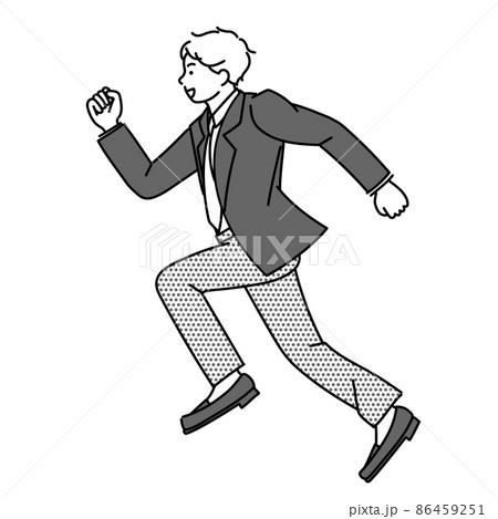 制服を着て走る男子高校生または男子中学生のモノクロルイラストのイラスト素材