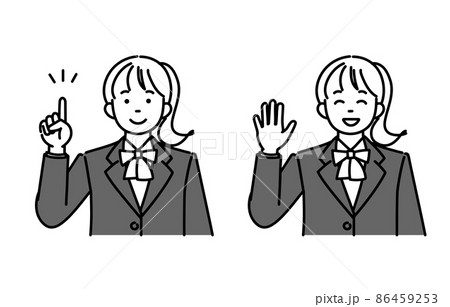説明・挨拶をしている女子高生または女子中学生のモノクロイラスト2ポーズセット 86459253