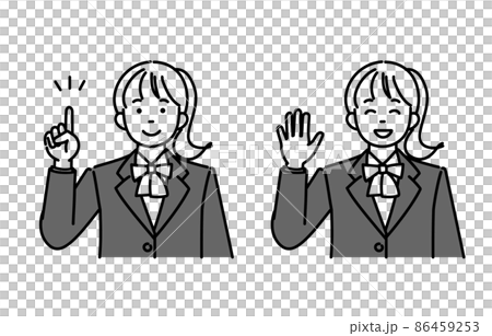 説明・挨拶をしている女子高生または女子中学生のモノクロイラスト2ポーズセット 86459253