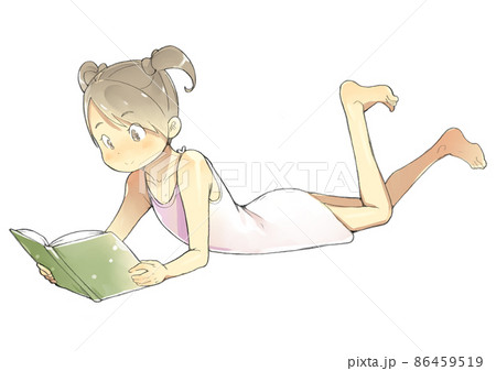 寝そべりながら読書する下着姿の女の子のイラスト素材