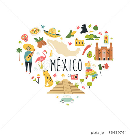 Tourist abstract design with famous destinations and landmarks of Mexico. 86459744