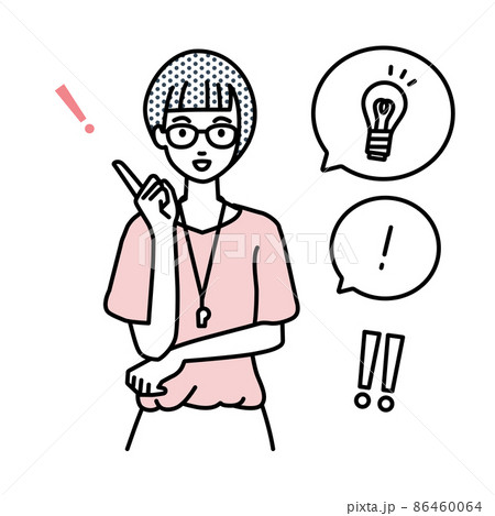 立って素晴らしいアイデアをひらめいた教師の女性 フキダシに電球と感嘆符のセット 86460064