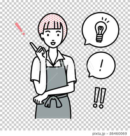 一個站起來想出一個絕妙主意的咖啡館女店員一組燈泡和一個氣球上的感嘆號 一個站起來想出一個絕妙主意的咖啡館女店員一組燈泡和一個氣球上的感嘆號 86460069