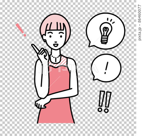 立って素晴らしいアイデアをひらめいたドレスの女性 フキダシに電球と感嘆符のセット 立って素晴らしいアイデアをひらめいたドレスの女性 フキダシに電球と感嘆符のセット 86460077