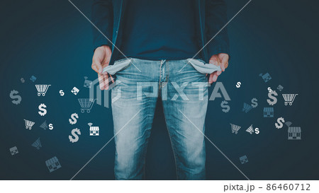 Man showing his empty pockets with many shopping online. 86460712