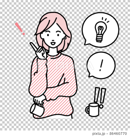 A remote work woman who stood up and came up with a wonderful idea A set of light bulbs and exclamation marks on a balloon 86460770