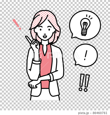 一套燈泡和一個感嘆號，在一個穿夾克的女氣球上，它站起來激發了一個好主意 86460781