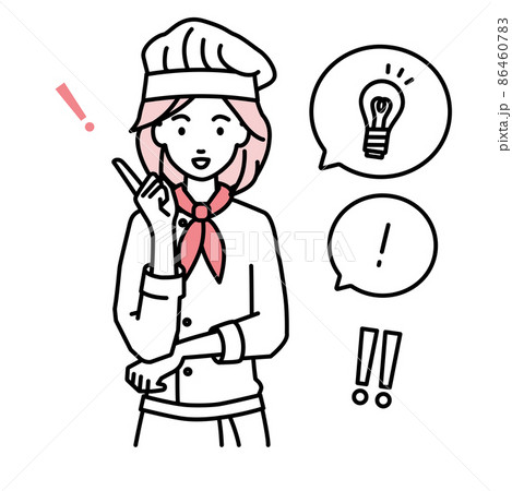立って素晴らしいアイデアをひらめいた調理師の女性 フキダシに電球と感嘆符のセット 86460783