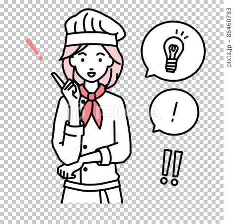 立って素晴らしいアイデアをひらめいた調理師の女性 フキダシに電球と感嘆符のセット 86460783