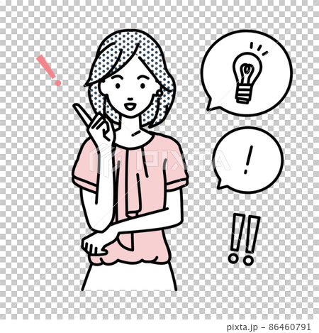 An office casual woman who stood up and got a great idea A set of light bulbs and exclamation marks on a balloon 86460791