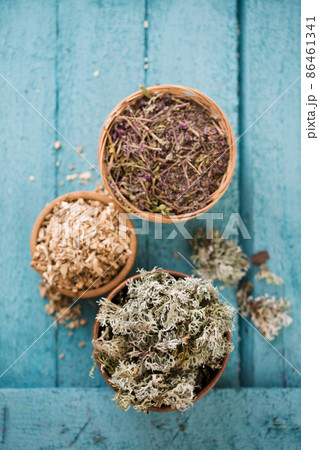 Marjoram, Icelandic moss and licorice root homeopathic herbs top view 86461341