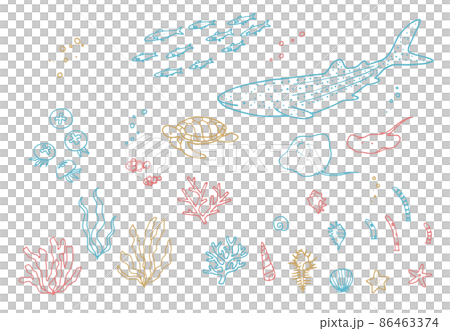 手描きのかわいい海洋生物　水族館　装飾イラストセット 86463374