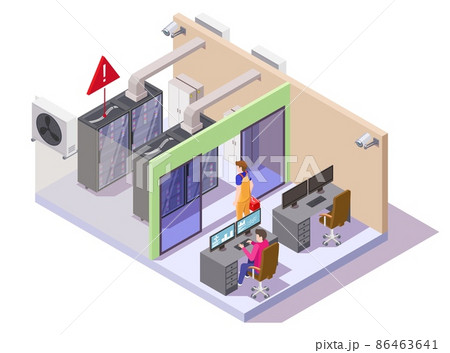 Data center or server room with server racks and computer operator, system administrator, vector isometric illustration. Data center or server room with server racks and computer operator, system administrator, vector isometric illustration. 86463641