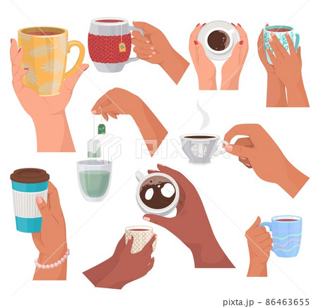 Women hands holding tea cups and coffee mugs, vector isolated illustration. Coffee break, morning breakfast hot drinks. 86463655