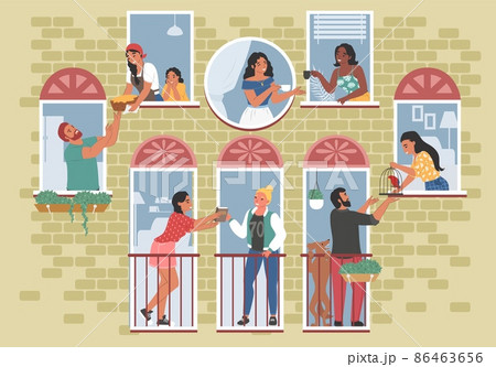Good neighbors communicating with each other from open windows and balconies, vector illustration. Good neighborhood. 86463656
