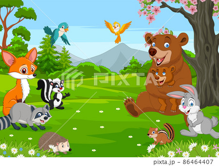 Group of happy animals cartoon in the jungle 86464407