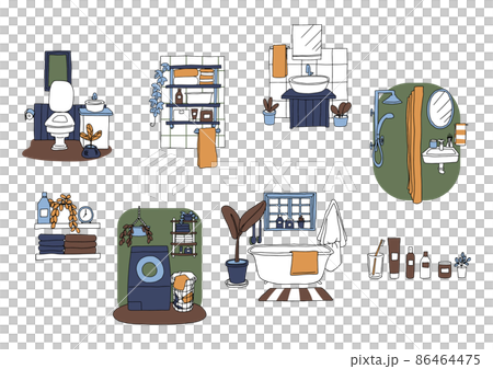 水回りのインテリアのイラストセット　コミカルな手書きのイラスト　ベクター線画にシンプルな色つけ 86464475