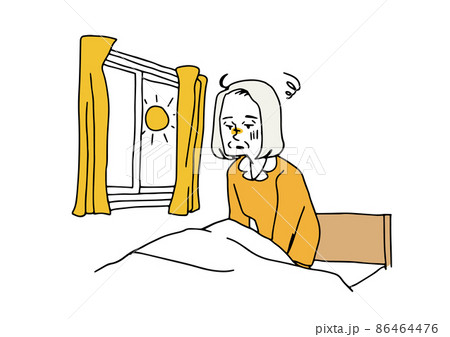 眠れないまま朝を迎えた高齢女性　コミカルな手書きの人物イラスト　ベクター線画にシンプルな色つけ　 86464476