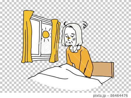 眠れないまま朝を迎えた高齢女性　コミカルな手書きの人物イラスト　ベクター線画にシンプルな色つけ　 86464476
