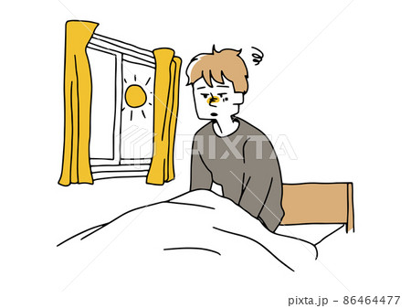 眠れないまま朝を迎えた若い男性　コミカルな手書きの人物イラスト　ベクター線画にシンプルな色つけ　 86464477