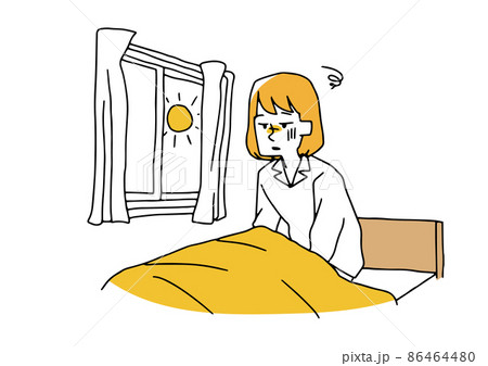 眠れないまま朝を迎えた若い女性　コミカルな手書きの人物イラスト　ベクター線画にシンプルな色つけ　 86464480