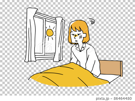 眠れないまま朝を迎えた若い女性　コミカルな手書きの人物イラスト　ベクター線画にシンプルな色つけ　 86464480