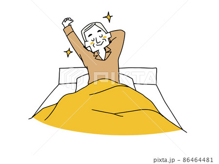 朝気持ちよく目覚めた高齢男性　コミカルな手書きの人物イラスト　ベクター線画にシンプルな色つけ　 86464481