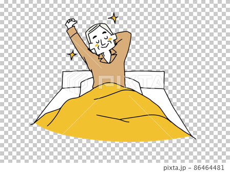 朝気持ちよく目覚めた高齢男性　コミカルな手書きの人物イラスト　ベクター線画にシンプルな色つけ　 86464481