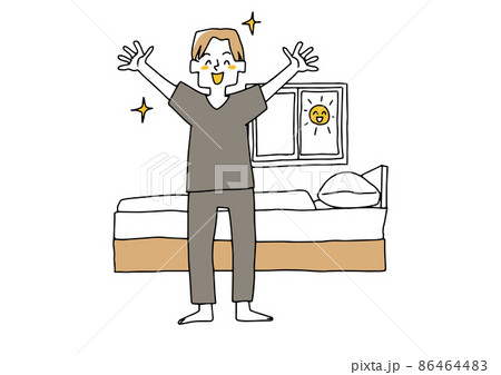 朝気持ちよく目覚めた若い男性　コミカルな手書きの人物イラスト　ベクター線画にシンプルな色つけ　 86464483