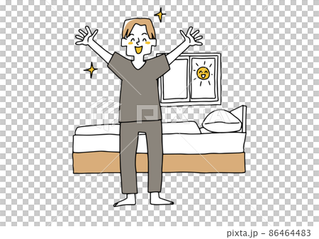 朝気持ちよく目覚めた若い男性　コミカルな手書きの人物イラスト　ベクター線画にシンプルな色つけ　 86464483