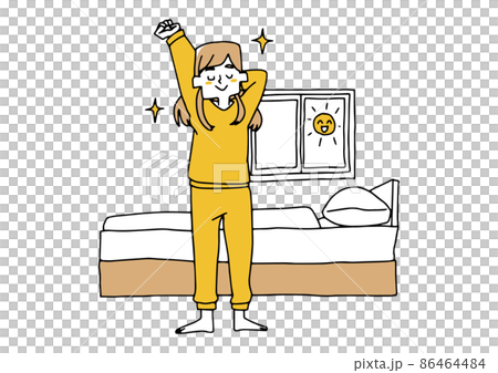 朝気持ちよく目覚めた若い女性　コミカルな手書きの人物イラスト　ベクター線画にシンプルな色つけ　 86464484