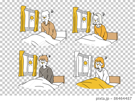 A set of people who have sleep problems. Comical handwritten person illustrations. Simple coloring of vector line drawings. 86464487