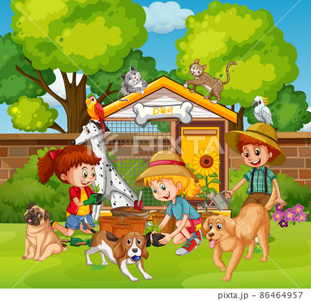Park scene with children playing with their animals Park scene with children playing with their animals 86464957