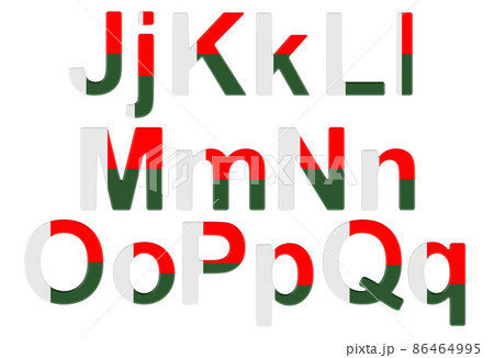 Letters with Madagascar flag. J, K, L, M, N, O, P uppercase and lowercase letters. 3D rendering 86464995