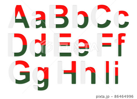 Letters with Madagascar flag. A, B, C, D, E, F, G, H, I uppercase and lowercase letters. 3D rendering Letters with Madagascar flag. A, B, C, D, E, F, G, H, I uppercase and lowercase letters. 3D rendering 86464996