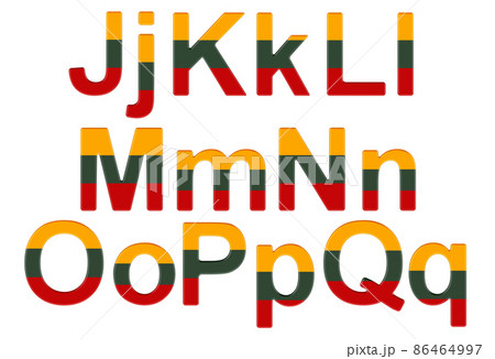 Letters with Lithuanian flag. J, K, L, M, N, O, P uppercase and lowercase letters. 3D rendering Letters with Lithuanian flag. J, K, L, M, N, O, P uppercase and lowercase letters. 3D rendering 86464997