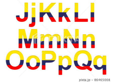 Letters with Colombian flag. J, K, L, M, N, O, P uppercase and lowercase letters. 3D rendering Letters with Colombian flag. J, K, L, M, N, O, P uppercase and lowercase letters. 3D rendering 86465008